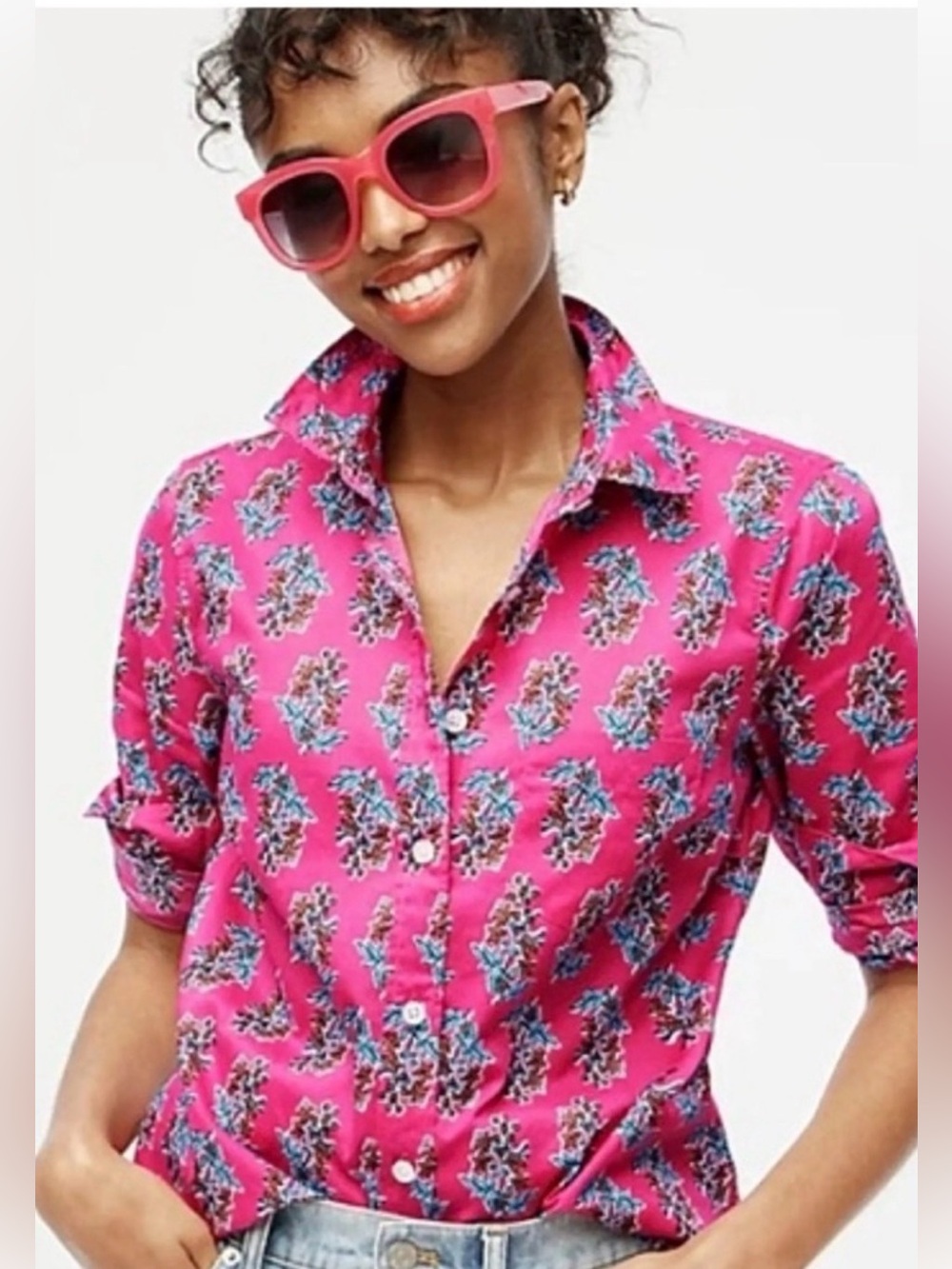J. Crew Factory Pink Floral Button-Up Blouse Signature Fit Size L
